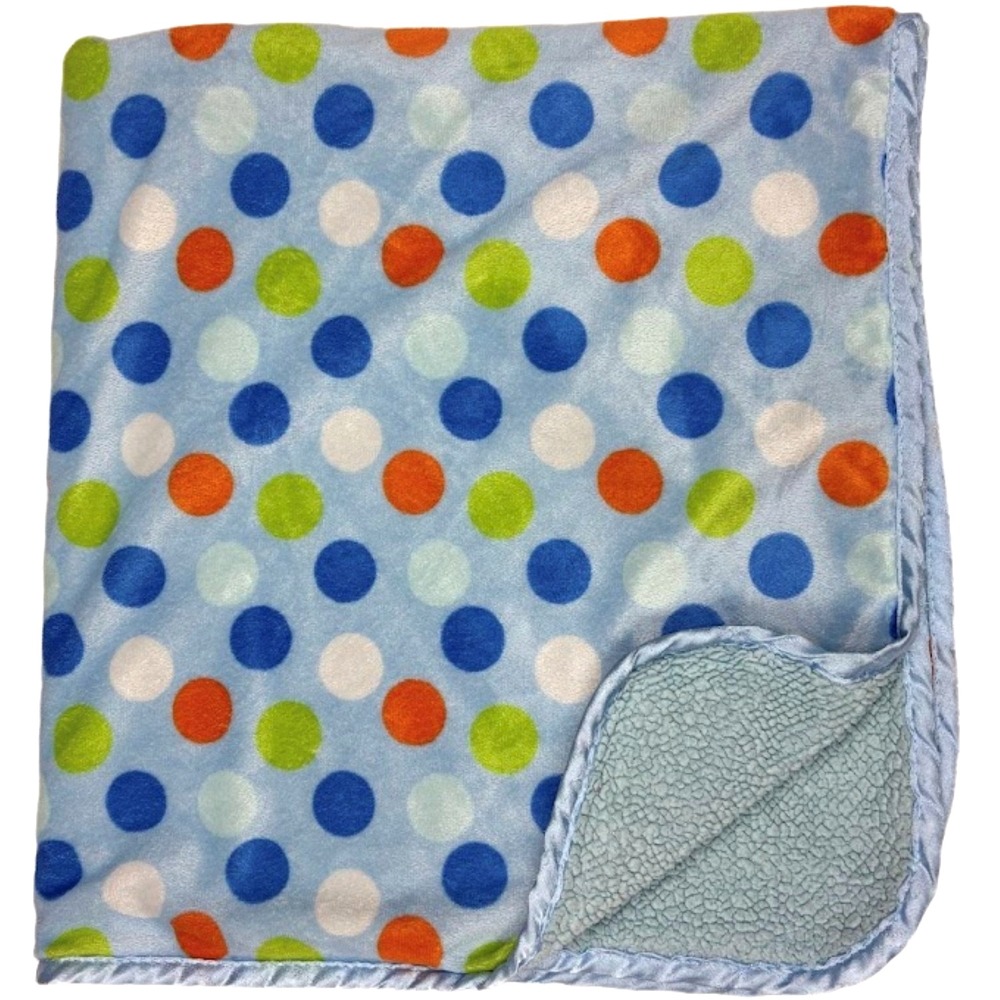 Blue Orange Green White Polka Dot Baby Blanket Sherpa Thin Satin Trim Lovey Soft